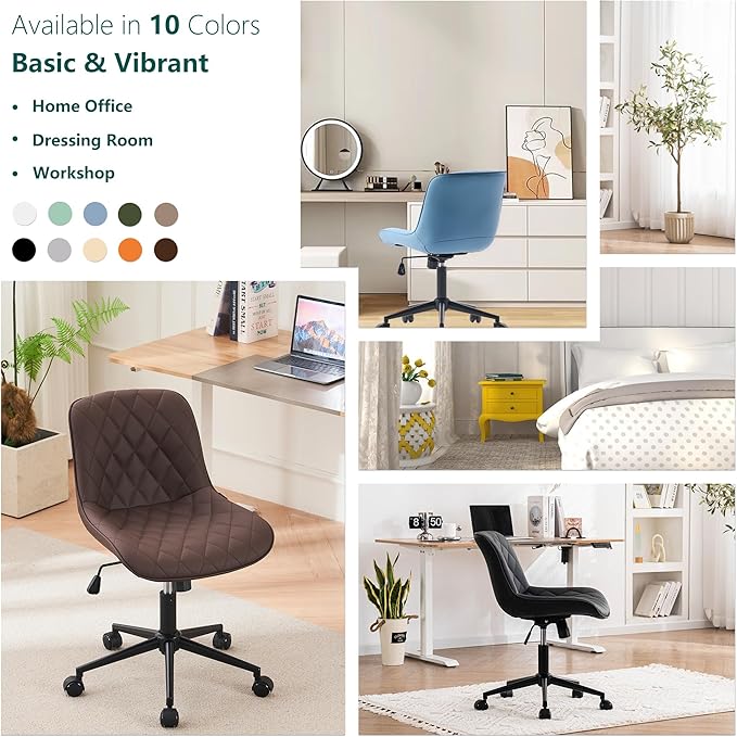 YOUNUOKE Office Chair Desk Chair with Wheels, Thick Upholstery Armless Computer Chair Task Chairs, Small Cute Home Office Desk Chair, Faux Leather Swivel Side Chair, Loads Up to 300LBS, Brown - LeafyLoom