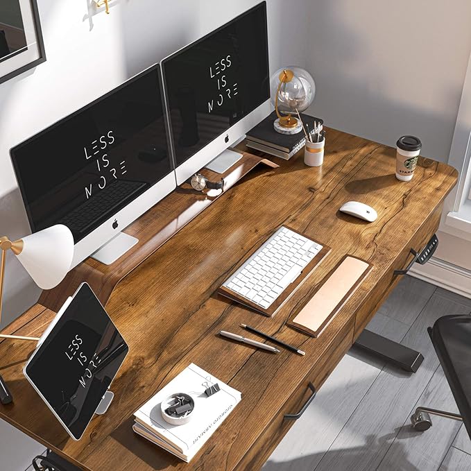 BANTI 55'' Adjustable Height Electric Standing Desk with Double Drawer, Stand Up Home Office Desk with Splice Tabletop, Rustic Brown - LeafyLoom