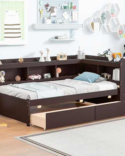 Twin Size Platform Bed with L-Shaped Bookcase and 2 Drawers, Wooden DayBed Bedframe with Storage Headboard for Bedroom Guest Room, Espresso - LeafyLoom