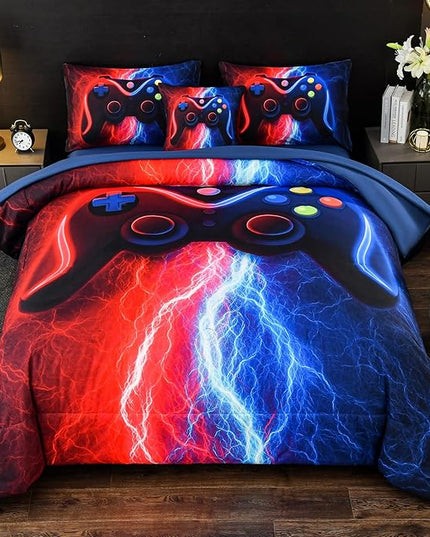 DORCAS Gamer Comforter Sets with Sheets for Boys,Twin Size Gamer Bedding Sets Boys,6 Pieces Lightning Gaming Comforter Set for Boys Kids Teens (Red&Blue, Twin) - LeafyLoom