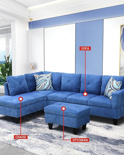 ROOMTEC Button L Shape Sectional Sofa Set, 5 Seat Upholstered Corner Couch with Storage Ottoman, Luxurious Linen Tufted Cushions, for Living Room, Apartment, 97inch, Blue w/Left Chaise Lounge - LeafyLoom
