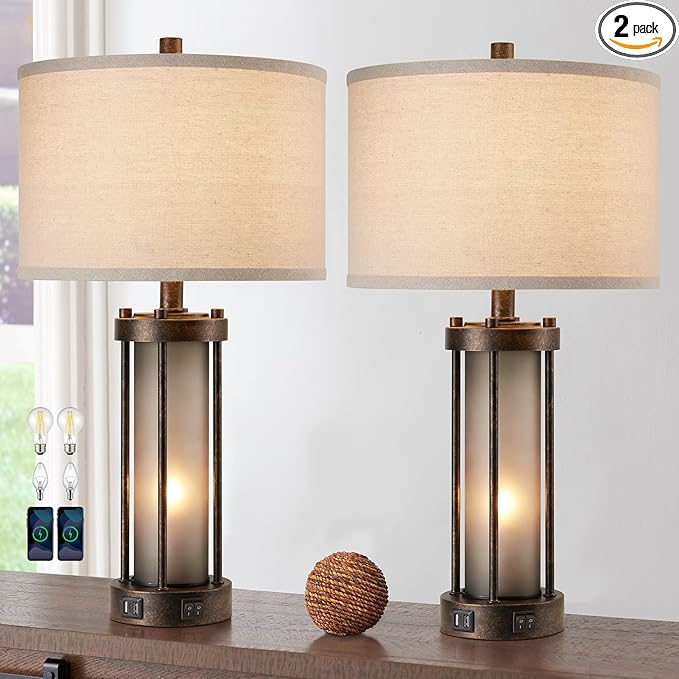 Set of 2 Farmhouse Table Lamps for Living Room, Vintage Rustic Nightstand Lamp with 2 USB Ports, Retro Gray Glass Night Light Desk Lamps for Bedroom Entryway, 4 Bulbs Included (Bronze Look) - LeafyLoom