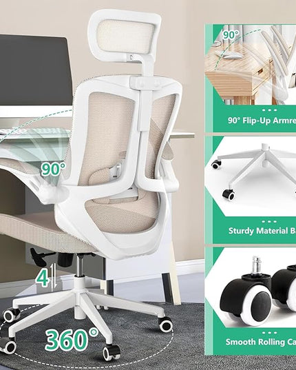 Ergonomic Office Chair - Comfy Desk Chairs with Wheels and Arms, Heavy Duty Mesh Computer Chairs with Comfortable Head Lumbar Back Support for Office, Bedroom, Study and College Dorm (khaki) - LeafyLoom