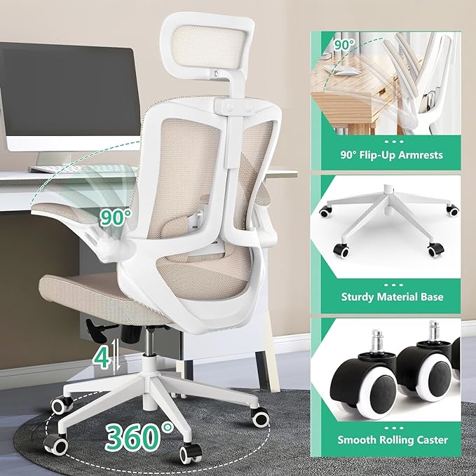 Ergonomic Office Chair - Comfy Desk Chairs with Wheels and Arms, Heavy Duty Mesh Computer Chairs with Comfortable Head Lumbar Back Support for Office, Bedroom, Study and College Dorm (khaki) - LeafyLoom