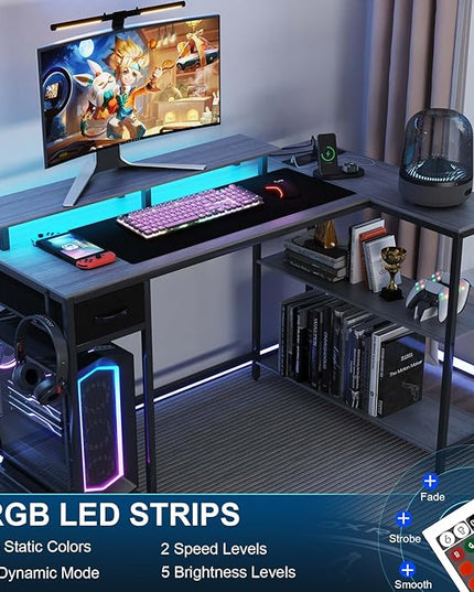 47 Inch L Shaped Desk Gaming Desk with LED Strip & Power Outlet, Reversible L-Shaped Computer Desk with Storage Shelf & Drawer, Corner Desk with Hook & Monitor Stands, Home Office Desk - LeafyLoom