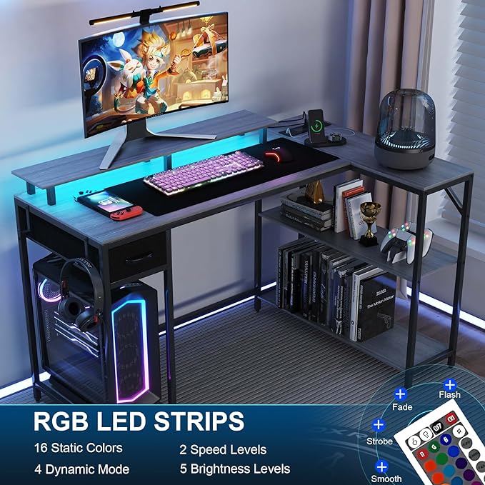 47 Inch L Shaped Desk Gaming Desk with LED Strip & Power Outlet, Reversible L-Shaped Computer Desk with Storage Shelf & Drawer, Corner Desk with Hook & Monitor Stands, Home Office Desk - LeafyLoom