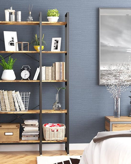 5 Tier Bookshelf and Bookcase, Rustic Industrial Bookshelf, Large Etagere Bookshelf Open Display Shleves with Metal Frame for Living Room Bedroom Home Office - LeafyLoom