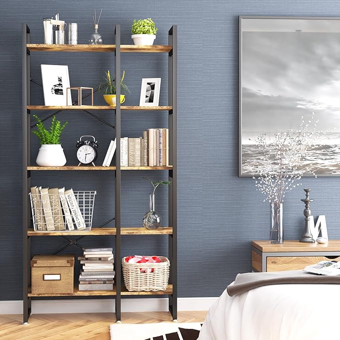 5 Tier Bookshelf and Bookcase, Rustic Industrial Bookshelf, Large Etagere Bookshelf Open Display Shleves with Metal Frame for Living Room Bedroom Home Office - LeafyLoom