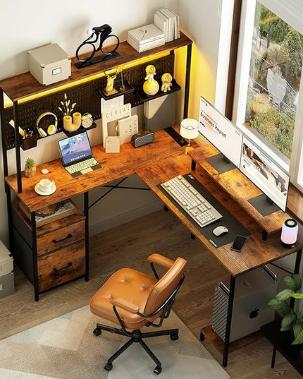 Yoobure L Shaped Desk with Pegboard, Reversible Gaming Desk with LED Lights & Power Outlets, Computer Desk with Drawers & Storage Shelves, Office Desk with Monitor Stand Corner Desk Home Office Desks - LeafyLoom