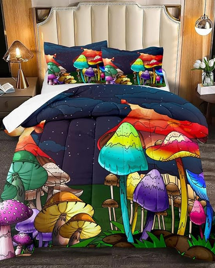 Mushroom Comforter Set Queen Size, Cute Mushroom Patterns Bedding Set for Boys Bedroom, Girls Ultra Soft Comforter Set Queen Size, Colorful Mushroom Comforter for All Season 3Pcs with Pillowcases - LeafyLoom