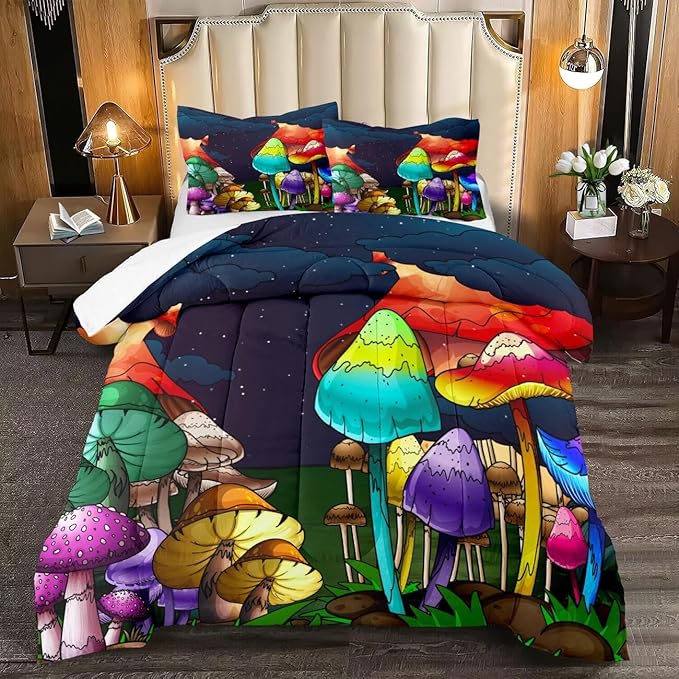 Mushroom Bedding Set Full Girls Ultra Soft Full Size Comforter Set for Boys Cute Cartoon Mushroom Comforter Set for Kids Teens Colorful Mushroom Microfiber Quilt for All Season 3Pcs with Pillowcases - LeafyLoom