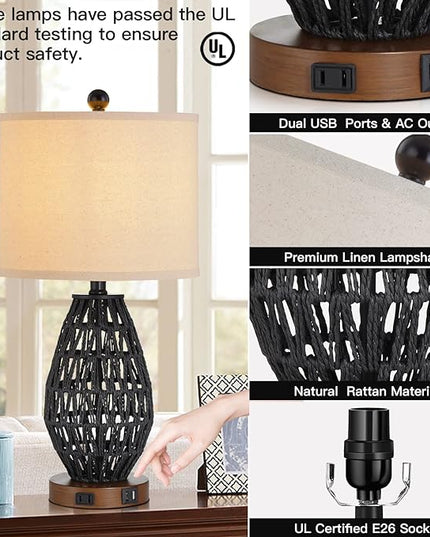 Touch Control Rattan Table Lamps, 3 Way Dimmable Bedside Lamps for Bedroom Set of 2 with 2 USB Ports and AC Outlet, Black Wicker Nightstand Lamps for Living Room (LED Bulbs Included) - LeafyLoom