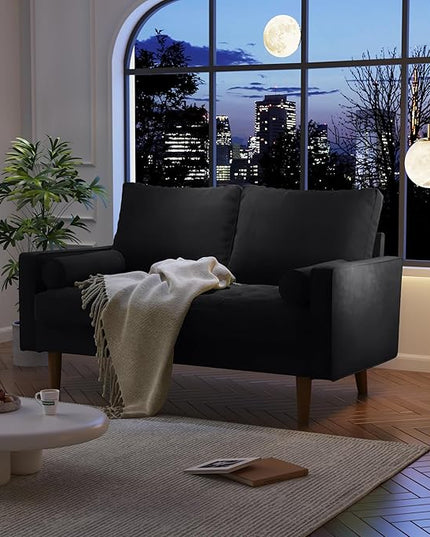 Velvet Furniture for Small Spaces, Mid-Century Modern Loveseats for Living Room, Love Seat Couch Sofas, 58 Inches, Black - LeafyLoom