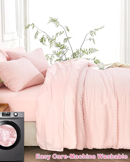 Twin Size Tufted Kids Comforter Set 6 Piece Pink Jacquard Tufts Embroidery Bedding Set for Girls Bed in A Bag Quilt with 1 Comforter, 1 Flat Sheet, 1 Fitted Sheet, 1 Pillowcase and 2 Pillow Sham - LeafyLoom