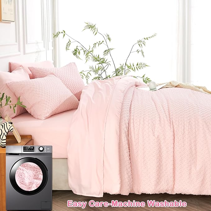 Twin Size Tufted Kids Comforter Set 6 Piece Pink Jacquard Tufts Embroidery Bedding Set for Girls Bed in A Bag Quilt with 1 Comforter, 1 Flat Sheet, 1 Fitted Sheet, 1 Pillowcase and 2 Pillow Sham - LeafyLoom