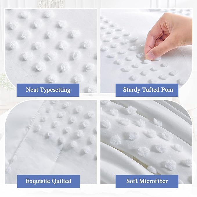 ENJOHOS Queen Comforter Set 7 Piece - White Comforters Queen Size, Queen Bed in a Bag Set, Boho Tufted Bedding Comforter Set with Pom Pom Design, Lightweight Soft Microfiber Comforter Bed Set - LeafyLoom
