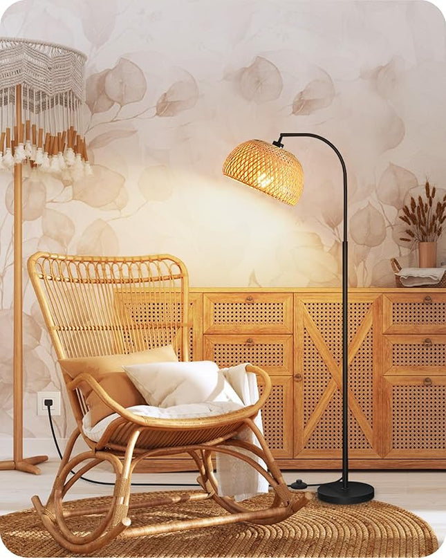 Boho Floor Lamp, Dimmable Floor Lamp, Bamboo Shade Corner Floor Lamp, Reading Lamp Height Adjustable with Remote, for Living Room, Bedroom, Study Room, 10W LED Bulb Included, Black B9LD05 - LeafyLoom