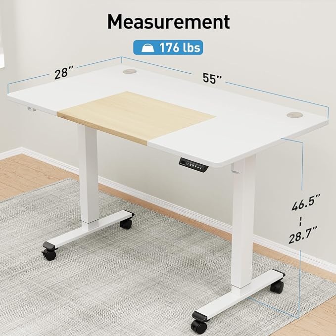 MOUNTUP 55x28 Inches Electric Height Adjustable Standing Desk, Sit Stand Desk with Memory Controller, Ergonomic Stand Up Desk for Home Office with Splice Board, White+Oak - LeafyLoom