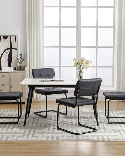 Forevich Mid Century Modern Dining Chairs Set of 4, Leather Kitchen Dining Room Side Chairs Upholstered Armless Accent Chairs with Metal Chrome Legs for Living Room, Bedroom Black - LeafyLoom