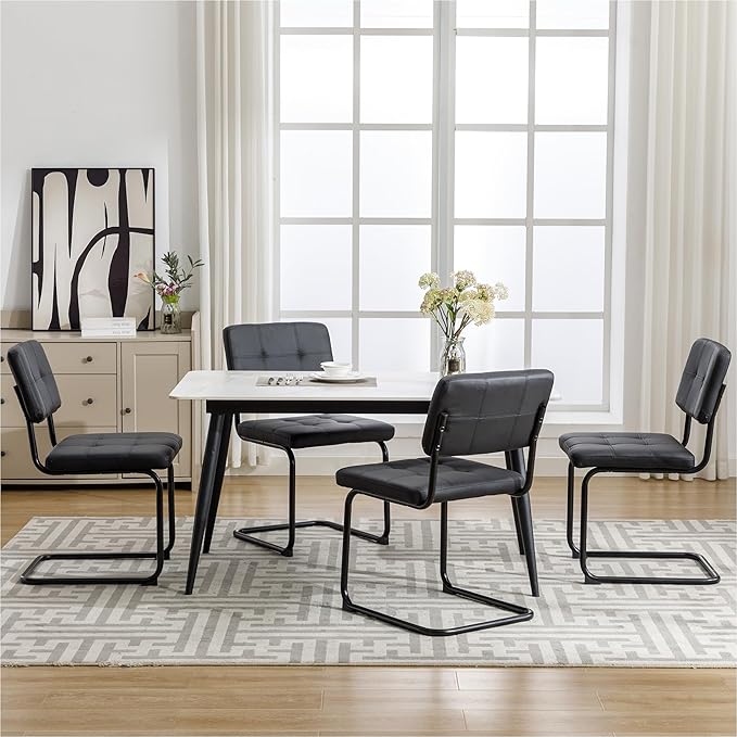 Forevich Mid Century Modern Dining Chairs Set of 4, Leather Kitchen Dining Room Side Chairs Upholstered Armless Accent Chairs with Metal Chrome Legs for Living Room, Bedroom Black - LeafyLoom