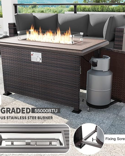 Kullavik 13 Pieces Outdoor Patio Furniture Set with 43" 55000BTU Gas Propane Fire Pit Table PE Wicker Rattan Sectional Sofa Patio Conversation Sets,Grey - LeafyLoom