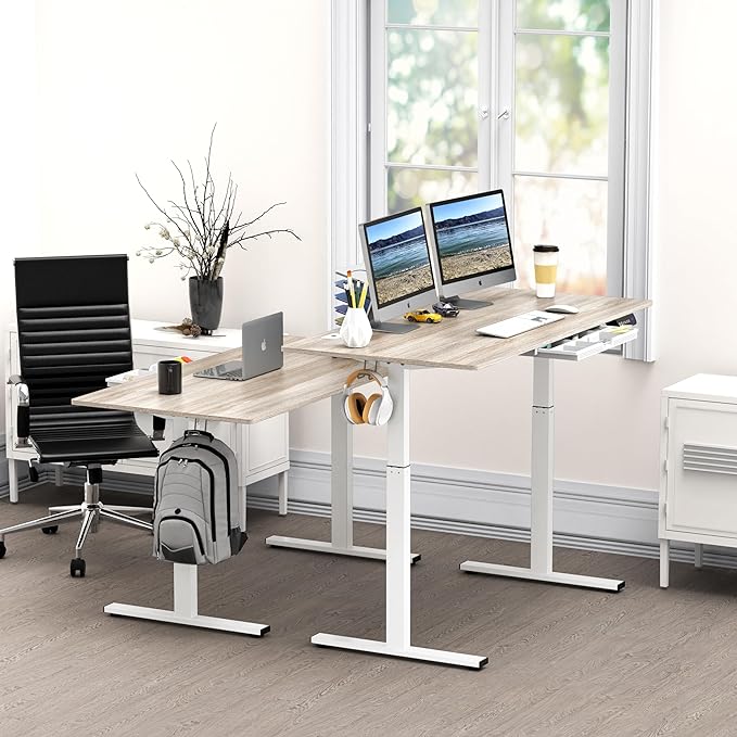 SHW 55-Inch Large Electric Height Adjustable Standing Desk, 55 x 28 Inches, Maple - LeafyLoom