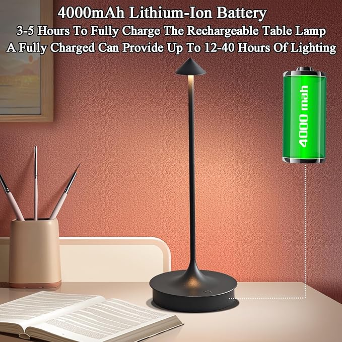 Cordless Table Lamps Rechargeable, LED Desk Lamp 4000mAh Battery Operated Outdoor Waterproof Portable Touch Dimmable Table Light for Patio/Restaurant/Bar/Indoor (Black-2PC) - LeafyLoom