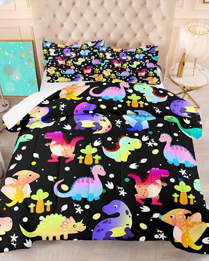 Cartoon Dinosaur Comforter Set for Boys Colorful Gradient Dinos Bedding Sets Queen Size Cute Dinosaurs Prints Comforter Set Soft Microfiber 3Pcs Bed Sets with 2 Pillowcases - LeafyLoom