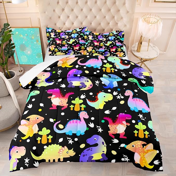 Cartoon Dinosaur Comforter Set for Boys Colorful Gradient Dinos Bedding Sets Queen Size Cute Dinosaurs Prints Comforter Set Soft Microfiber 3Pcs Bed Sets with 2 Pillowcases - LeafyLoom