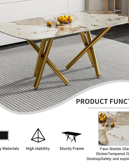 NicBex Modern Minimalist Rectangular Dining Table with A 0.39-Inch Imitation Marble Tabletop and Gold-Plated Metal Legs for Kitchen Dining Living Meeting Room Banquet Hall, White Marble + Gold - LeafyLoom