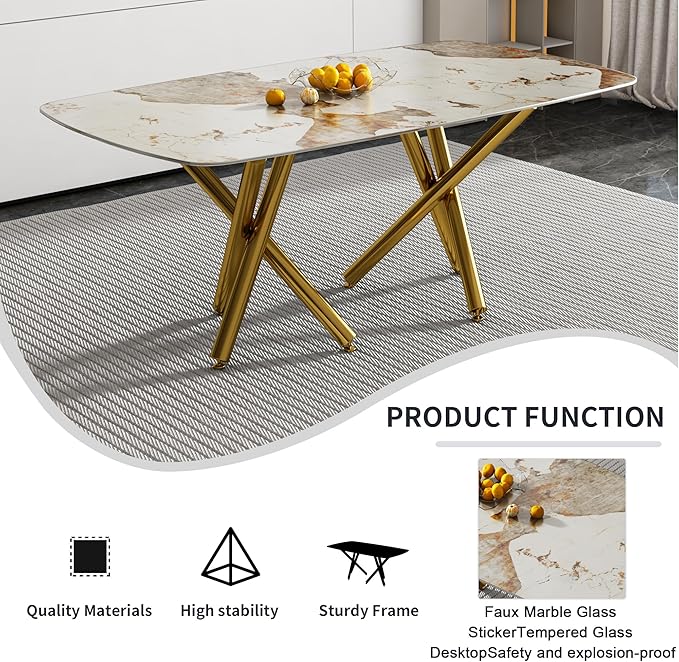 NicBex Modern Minimalist Rectangular Dining Table with A 0.39-Inch Imitation Marble Tabletop and Gold-Plated Metal Legs for Kitchen Dining Living Meeting Room Banquet Hall, White Marble + Gold - LeafyLoom