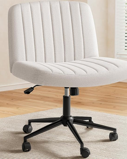 Criss Cross Legged Chair with Wheels, Armless Swivel Wide Padded Height Adjustable Fabric Home Office, Beige - LeafyLoom