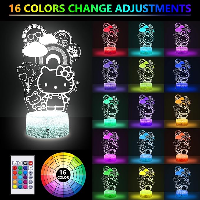 Kitty Night Light for Kids, Kitty Lamp Girl Cute Led Cat Night Light 16 Colors Dimmable Kitty Decor Lamp with Remote & Luminous Base, Bedroom Decoratio Gifts for Christmas Birthday Girls - LeafyLoom