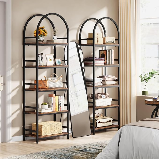 Tribesigns 5-Tier Open Bookshelf, 74.4" Wood Bookcase Storage Shelves with Metal Frame, Freestanding Display Rack Tall Shelving Unit for Office, Bedroom, Living Room, Easy Assembly(Brown, 2PCS) - LeafyLoom