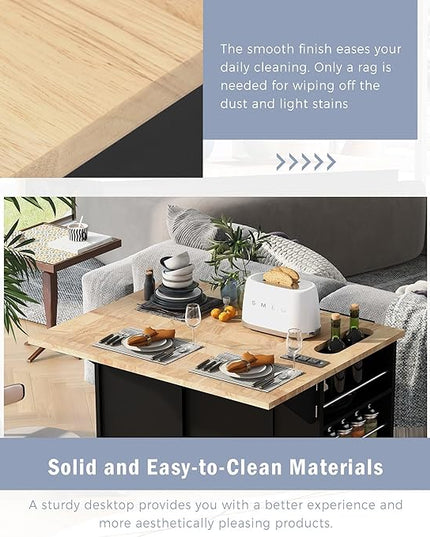 Kitchen Island with Storage, Rolling Table on Wheels w/Power Outlet, Drop Leaf and Rubber Wood Contertop, Wine Rack for Dinning Room - LeafyLoom