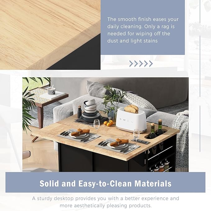 Kitchen Island with Storage, Rolling Table on Wheels w/Power Outlet, Drop Leaf and Rubber Wood Contertop, Wine Rack for Dinning Room - LeafyLoom