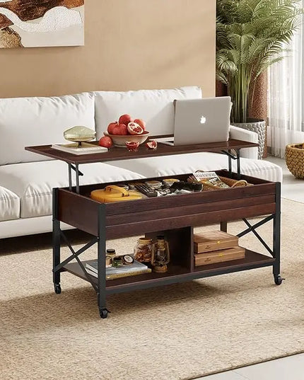 WLIVE Coffee Table, 41" Lift Top Coffee Table with Hidden Compartment, Multi-Function Coffee Table with 4 Wheels and 2 Storage Shelves for Living Room and Bedroom, Espresso - LeafyLoom