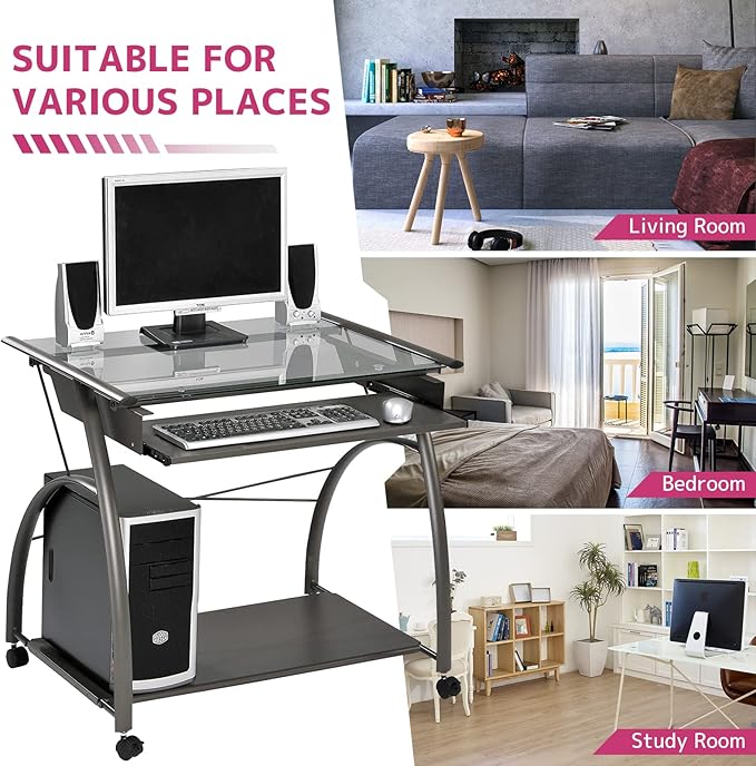 Acme Vincent Glass Top Computer Cart with Pull-out Keyboard in Pewter - LeafyLoom