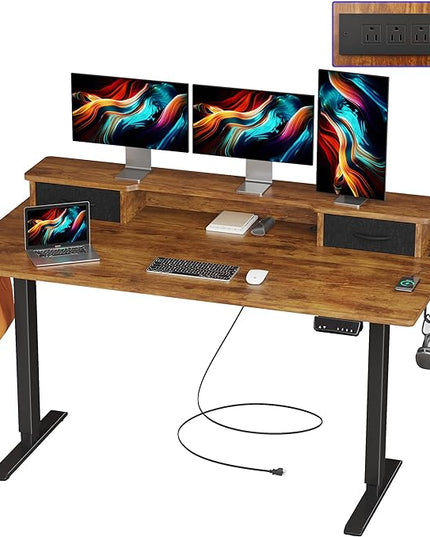 JOISCOPE 55 Inch Electric Standing Adjustable Height Desk with Double Drawer, Home Office Computer Gaming Desk with Storage Shelf and Power Outlets, Sit Stand Desk, Vintage Oak - LeafyLoom