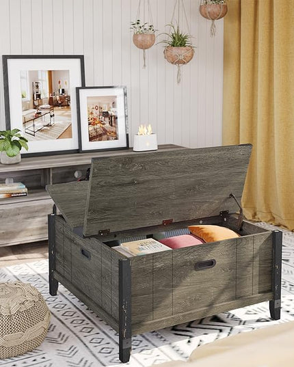 Bestier Farmhouse Coffee Table, Square Wood Center Table with Large Hidden Storage Compartment for Living Room, Rustic Cocktail Table with Hinged Lift Top for Home, Grey - LeafyLoom