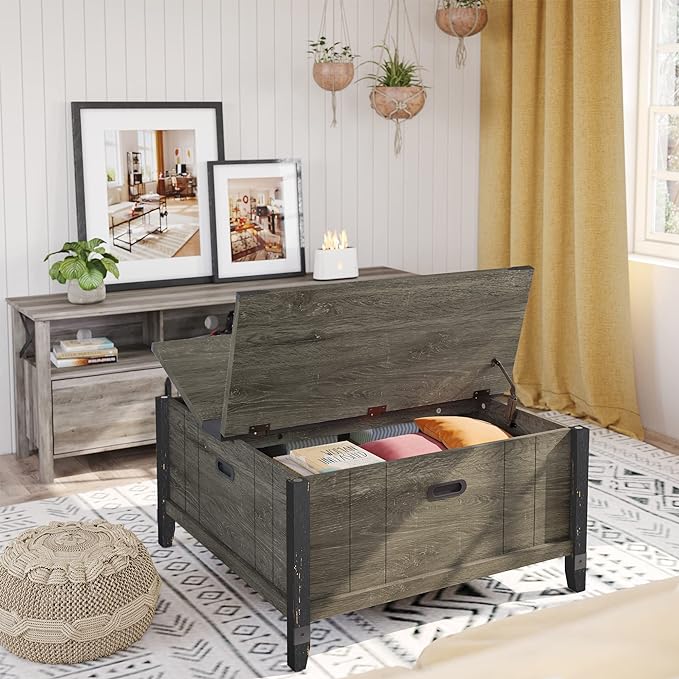 Bestier Farmhouse Coffee Table, Square Wood Center Table with Large Hidden Storage Compartment for Living Room, Rustic Cocktail Table with Hinged Lift Top for Home, Grey - LeafyLoom
