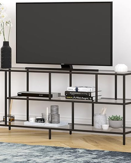 Henn&Hart Rectangular TV Stand with Glass Shelves for TV's up to 60" in Blackened Bronze, TV Stands for the Living Room - LeafyLoom