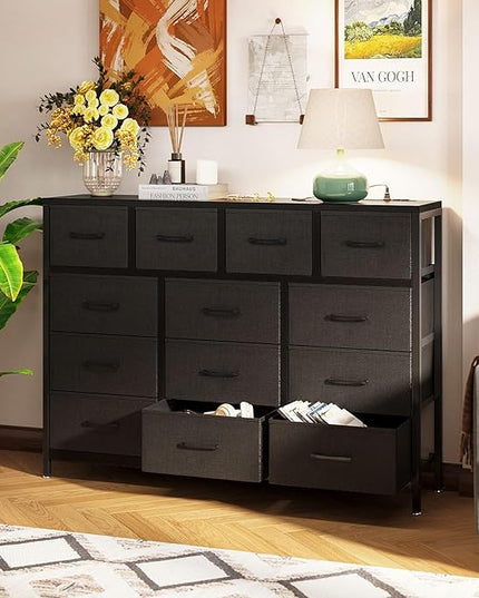 ODK Dresser with Charging Station, 57-Inch Long Dresser TV Stand for Bedroom, Large Dresser with 13 Storage Drawers, Chest of Drawers Easy-Pull Fabric Dressers for Living Room, Black - LeafyLoom