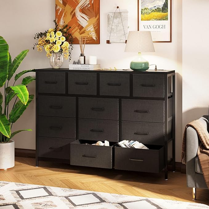 ODK Dresser with Charging Station, 57-Inch Long Dresser TV Stand for Bedroom, Large Dresser with 13 Storage Drawers, Chest of Drawers Easy-Pull Fabric Dressers for Living Room, Black - LeafyLoom