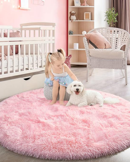 Pink Round Rug for Bedroom, Super Fluffy Circle Rugs for Baby Nursery, 4'X4' Feet Furry Carpet for Children Kids Room, Cute Soft Shaggy Rug for Girls Home Decor, Fuzzy Plush Carpets for Dorm - LeafyLoom