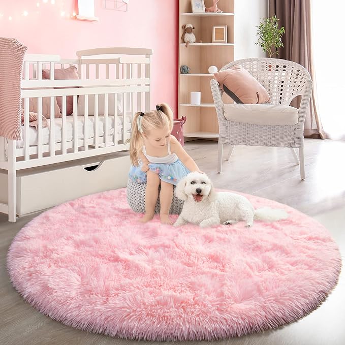 Pink Round Rug for Bedroom, Super Fluffy Circle Rugs for Baby Nursery, 4'X4' Feet Furry Carpet for Children Kids Room, Cute Soft Shaggy Rug for Girls Home Decor, Fuzzy Plush Carpets for Dorm - LeafyLoom