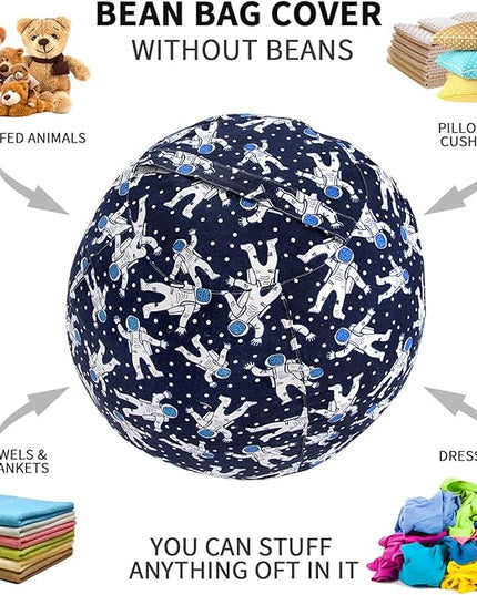 2 PCS Stuffed Animal Storage Bean Bag Chair Cover, Cotton Canvas Beanbag with Zipper for Organizing Kid's and Adults Room Blue Astronaut 24" - LeafyLoom