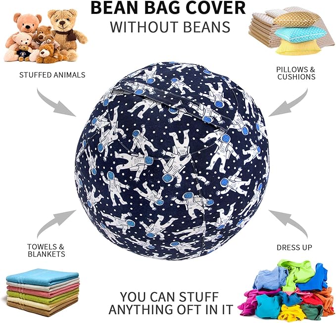 2 PCS Stuffed Animal Storage Bean Bag Chair Cover, Cotton Canvas Beanbag with Zipper for Organizing Kid's and Adults Room Blue Astronaut 24" - LeafyLoom