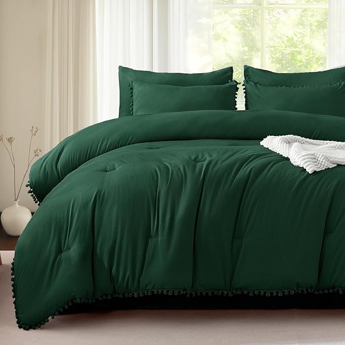 Litanika Queen Size Comforter Set Dark Green,3 Pieces Dark Green Boho Pom Pom Lightweight Bed Comforter, All Season Soft Solid Color Bedding Comforter Sets (1 Comforter 90x90 Inch, 2 Pillowcases) - LeafyLoom