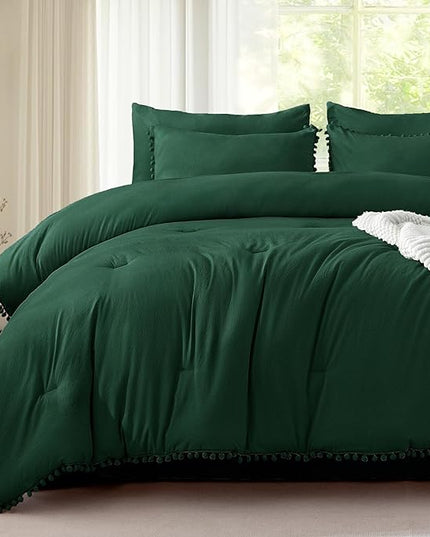 Litanika King Size Comforter Set Dark Green,3 Pieces Dark Green Boho Pom Pom Lightweight Bed Comforter, All Season Soft Solid Color Bedding Comforter Sets (1 Comforter 104x90 Inch, 2 Pillowcases) - LeafyLoom